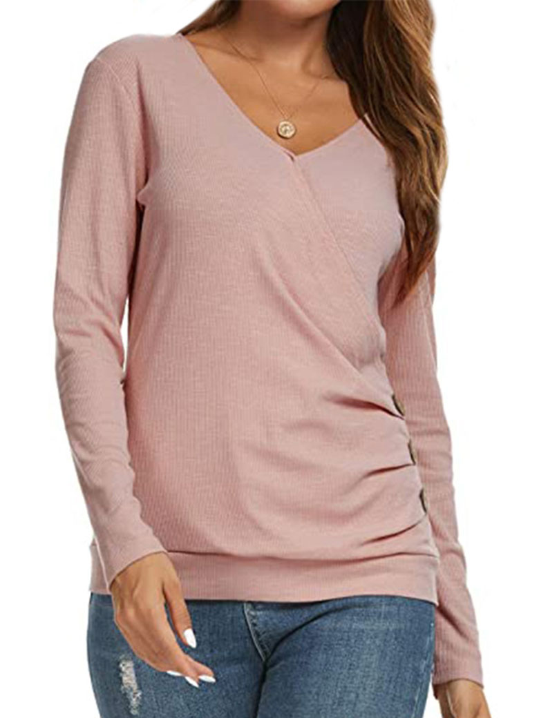 Women Wrap Front Side Buttons Long Sleeve V Neck Plain Shirt