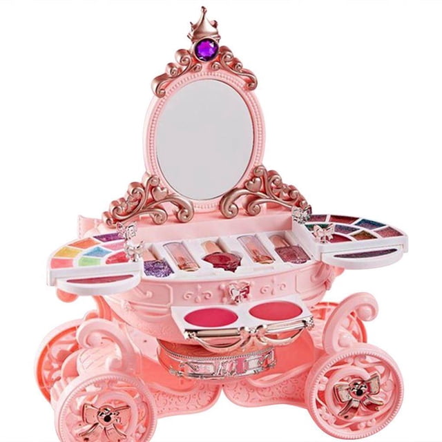 Ensemble de Maquillage pour Filles Princesses Cosmétiques Maquillage Jeu Ensemble de Jouets de Maquillage pour Enfants Jeu de Rôle Jouets de Maquillage pour Enfants Jouet pour Filles. l'Ensemble Présente un design de Carrosse Citrouille Rose avec des Détails Complexes, Incluant un Miroir, une Lumière Rotative et une Fonctionnalité Musicale. Il Comprend des Articles de Maquillage Tels Qu'une palette d'Ombres à Paupières, un Rouge à Lèvres, un Brillant à Lèvres, un Vernis à Ongles, un Fard à Joues, des Pinceaux de Maquillage et un Miroir de Maquillage. le Maquillage Écologique et Hydrosoluble Est Doux pour la Peau des Enfants et Est Facile à Nettoyer avec de l'Eau. Convient
