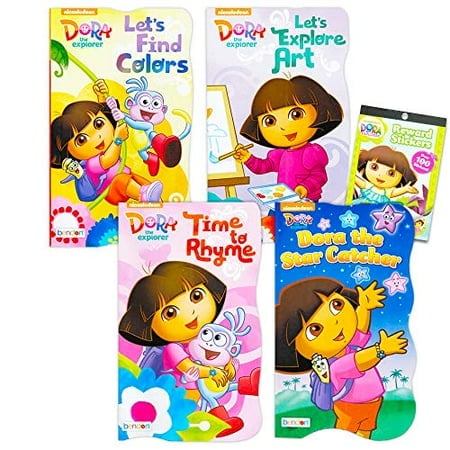 Nickelodeon Dora The Explorer Livres en Carton pour Enfants et Tout-Petits - Lot de 4 Livres en Carton Dora avec 300 Autocollants Bonus Dora The Explorer (Livres en Carton Dora