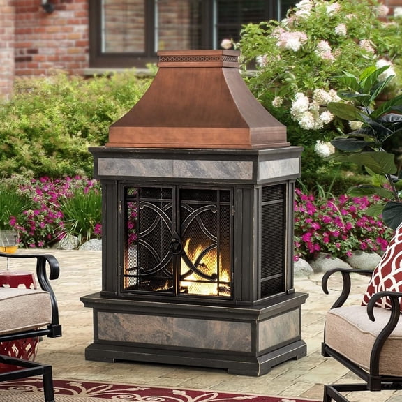 Sunjoy Outdoor Wood Burning Steel Fireplace, Stone Look Tile Patio Fireplace with Chimney, Spark Screen, Fire Poker, Rain Cover, and Removable Grate, Copper with Gray Tile