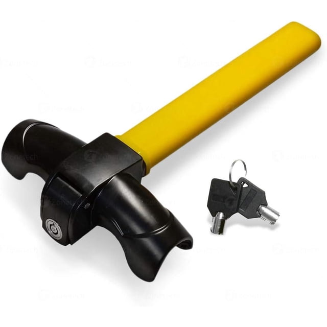 T-Bar Steering Wheel Lock with a yellow handle and black locking clamp designed to fit most steering wheels, shown with two black keys with silver tips on a white background, ideal for car anti-theft security.