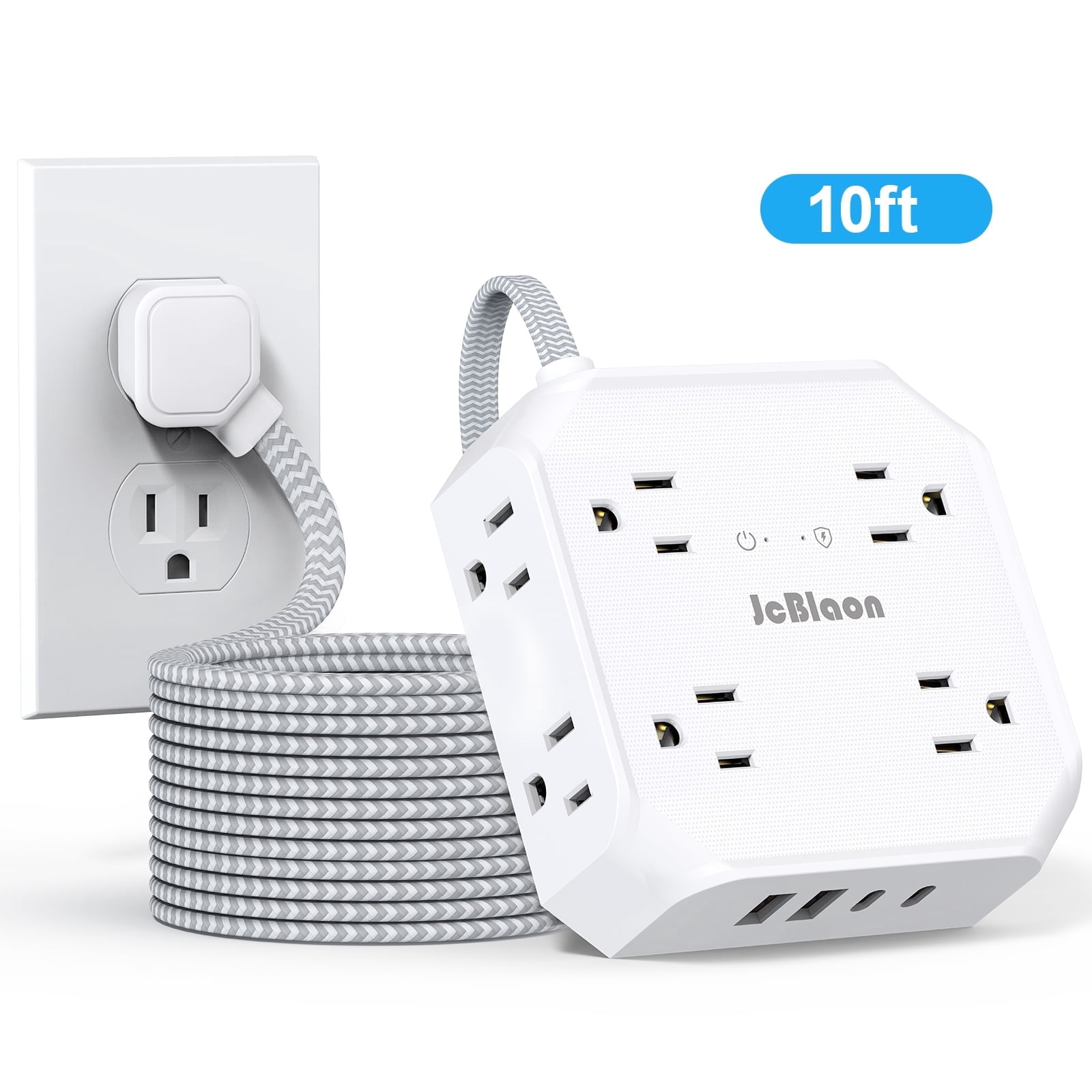 Extension Cord 10 Ft, New Surge Protector with 12 Outlets Extender 4 USB Ports (2USB C), Large Desk Power Strip with Long Cord, Flat Plug, Wall Mount for Office Home College Dorm Essentials, White