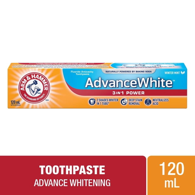 Arm & Hammer Advance White Dentifrice 3-en-1 Saveur Menthe d'Hiver Puissante, tube de 120 ml avec Bicarbonate de Soude pour Blanchiment, Élimination en Profondeur des Taches, Neutralisation de l'Acide et protection contre les Caries en Soins Buccaux.