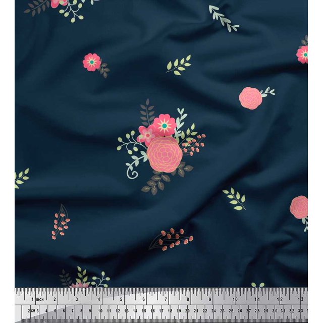 Soimoi Blue Rayon Fabric Leaves & Pink Floral Decor Fabric Printed BTY 56 Inch Wide