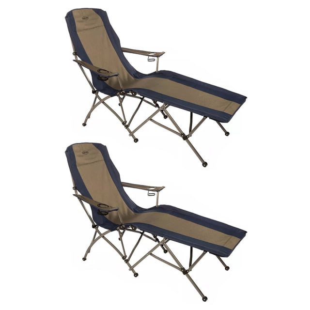 Kamp-Rite Folding Lounger Camp Chair w/Cupholders, Navy/Tan (2 Pack)