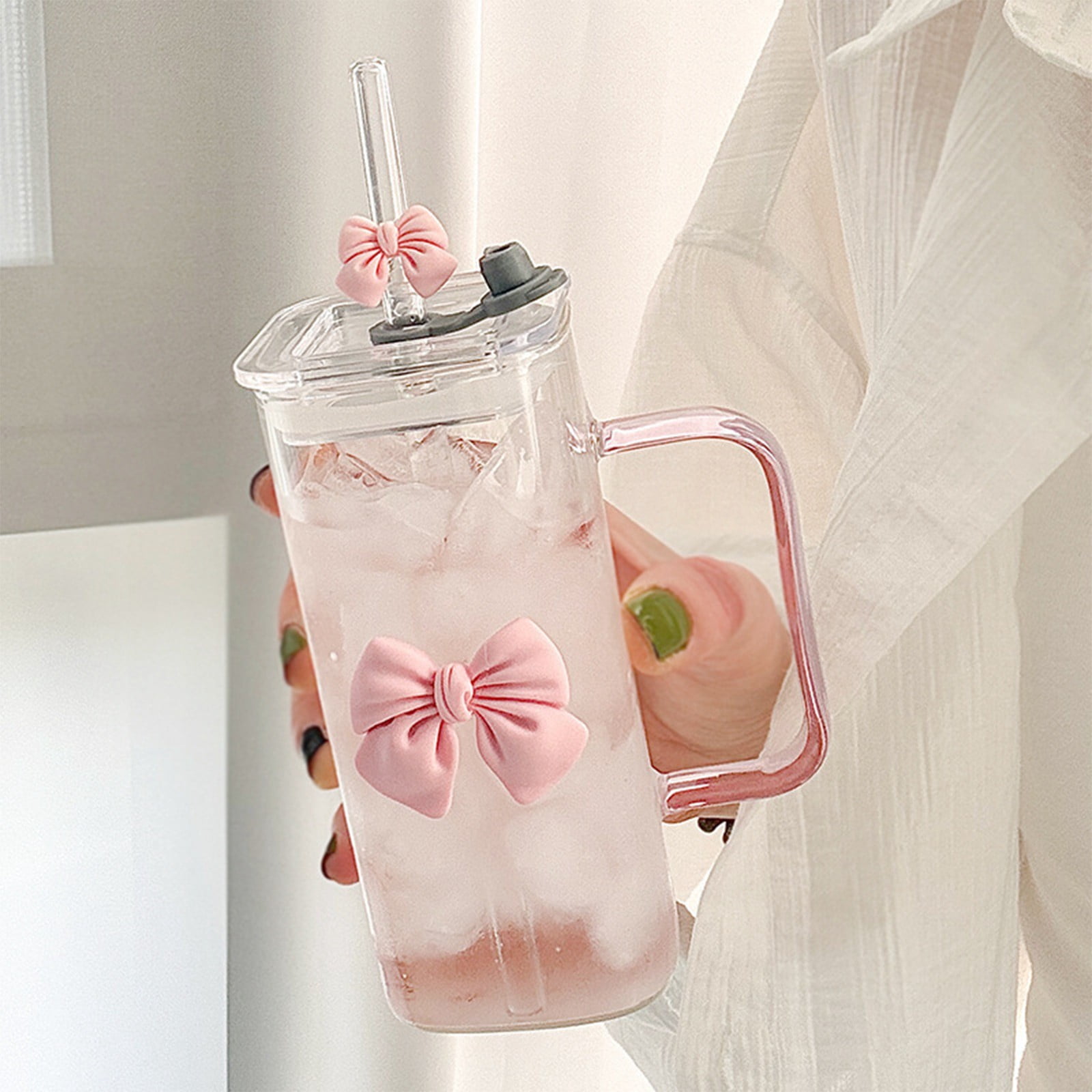 Glass Sports Water Bottle 1Pcs 400ml Glass Water Cup with Handle Lid Glass Straw and Detachable Butterfly Decoration for Iced Tea or Water JASKFLY