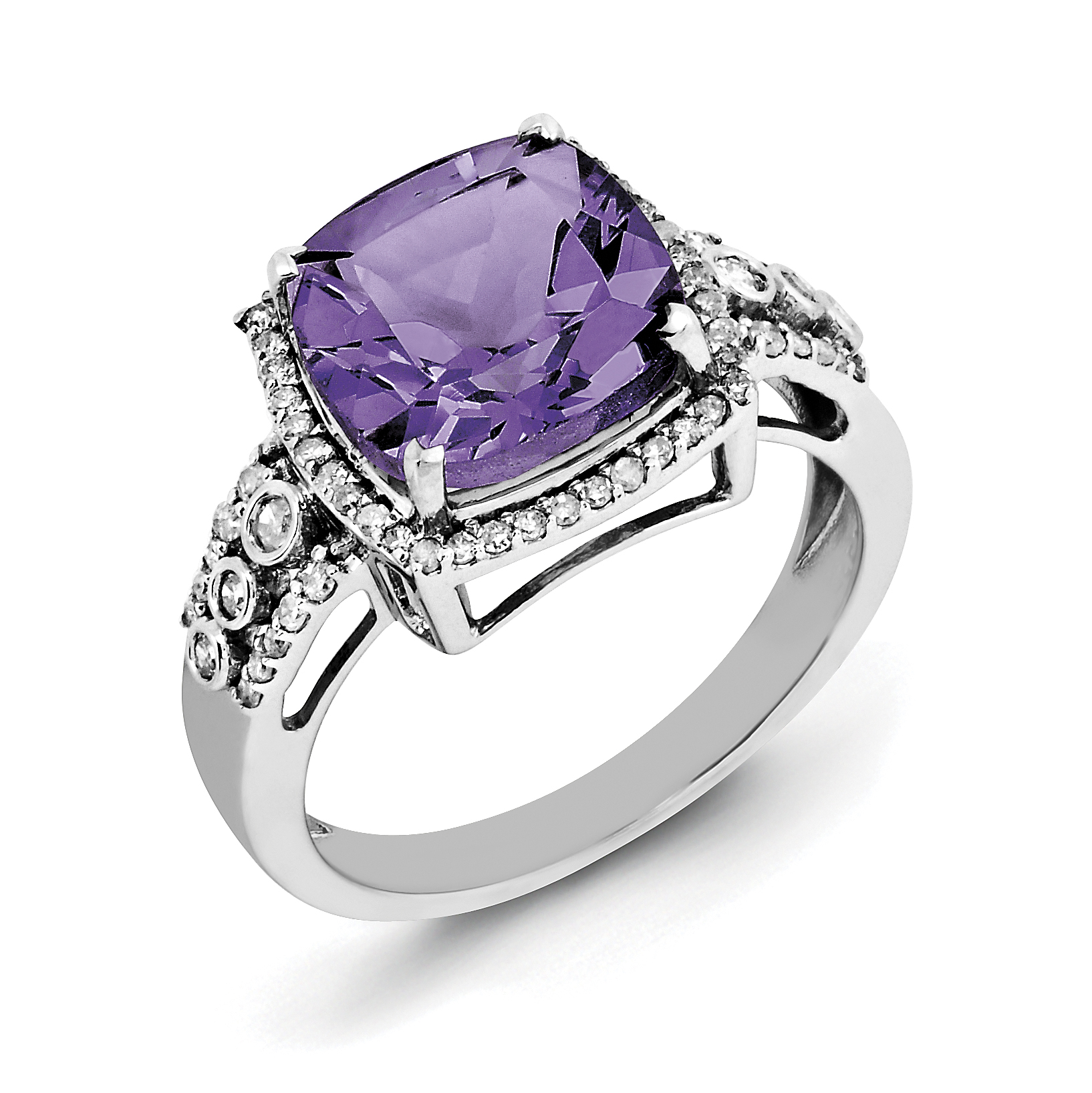 Bague en Argent Sterling 925 Plaquée Rhodium avec Améthyste à Carreaux et Diamant
