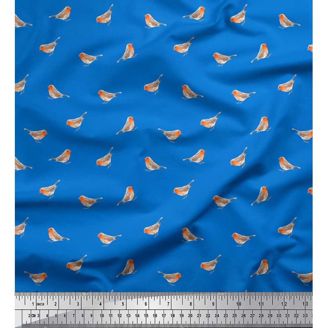 Soimoi Blue polyester Crepe Fabric American Robin Bird Print Sewing Fabric BTY 52 Inch Wide