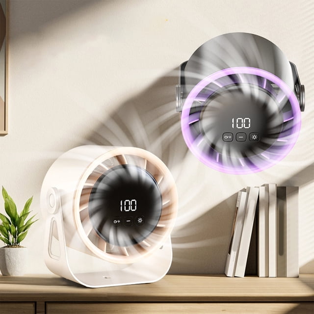 Big Savings! Desktop Electric Fan with 100 Speed Settings, featuring a high-speed circulation design for household or office use. This rechargeable digital fan includes a night light function for added comfort. The image shows two compact 6-inch fans, one in black with a purple light and the other in white with a warm light, placed on a desk with books and plants in the background. The digital display on the fans shows '100,' indicating the speed setting.