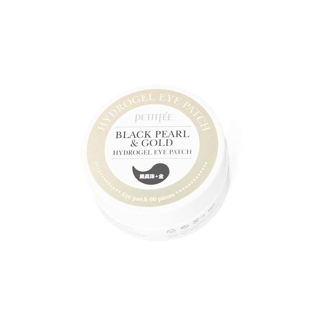 Black Pearl Gel Eye Patch by Petitfee, round white jar with beige label showing product name and 60 hydrogel eye patches, formulated to reduce wrinkles and protect skin around eyes from harsh environments.