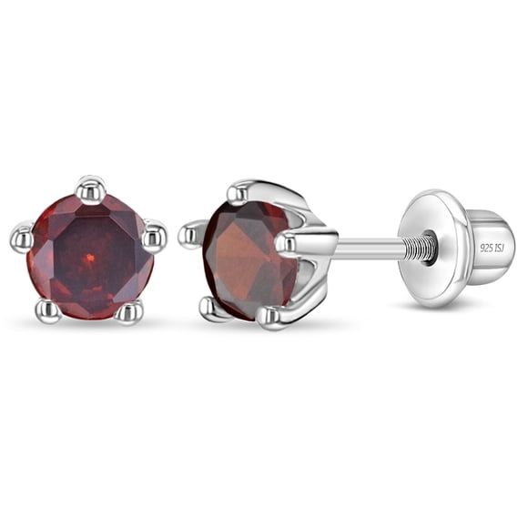 925 Sterling Silver Classic 4mm Simulated Garnet Prong Set Girls Screw Backs
