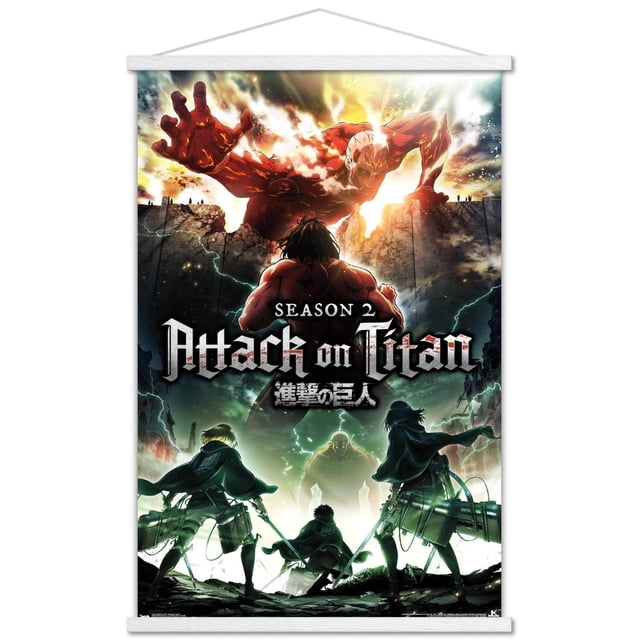 Attack on Titan - Affiche Murale Teaser de Saison 2, 22,375 Pouces x 34 Pouces Présentant une Oeuvre Murale d'Anime Haute Résolution d'Un Titan Rouge colossal Traversant un Mur Fissuré, Affrontant Trois Personnages Capuchonnés avec Épées et Équipement de Manœuvre sous un Ciel Orageux, Imprimée sur Papier d'Affiche Lustré, Convient à la Déco de Chambre des fans de manga et à la Décoration de Fête.