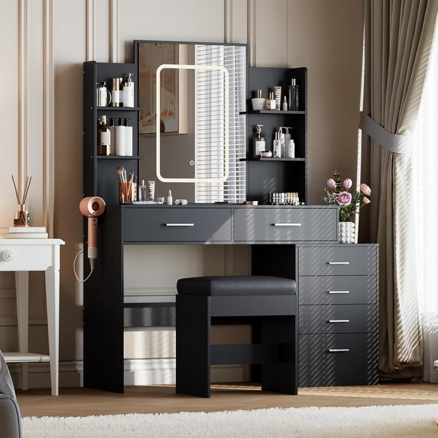 Vanity Desk with 6 Drawers & Charging Station, Makeup Vanity Set with Adjustable Mirror Lights, Stool & Shelves