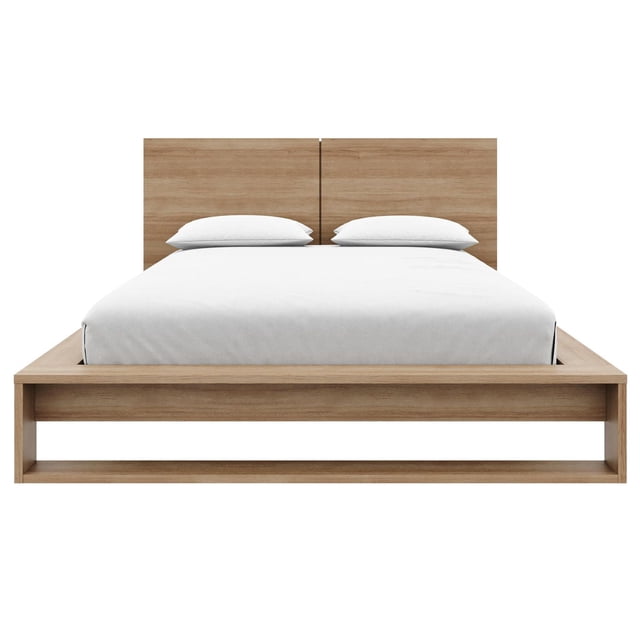 Audrey Queen Size with Headboard and Slatted Bedframe in natural blonde oak finish, engineered wood platform bed with a two-piece headboard featuring clean lines, shown front-facing with white bedding, compatible with 8 to 12 inch mattresses.
