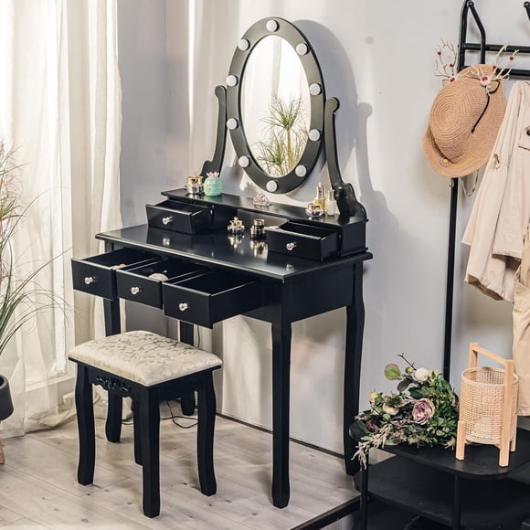 TROPOW Vanity Desk,Makeup Vanity,with Mirror and Lights,Vanity Desk with Mirror and Lights, Wood Makeup Dressing Table Stool with & Oval Mirror 3 Colors Lighting Modes Modern,Black