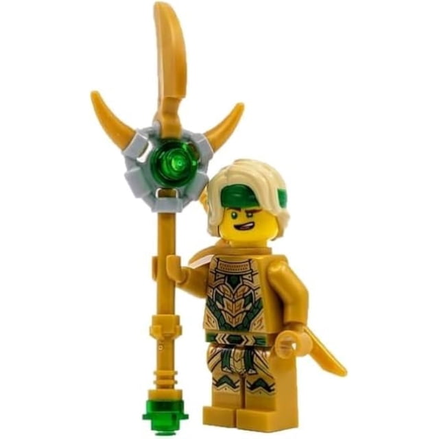 LEGO Ninjago: Lloyd Golden Oni Minifigure with Staff Weapon. This authentic LEGO figure features intricate gold and green armor detailing, a golden Oni staff with a green gem centerpiece, and a gold katana. The minifigure is less than 2 inches tall and compatible with standard LEGO sets. Includes a bonus TheBrickPeople tile. Packaged in a LEGO paper pack.