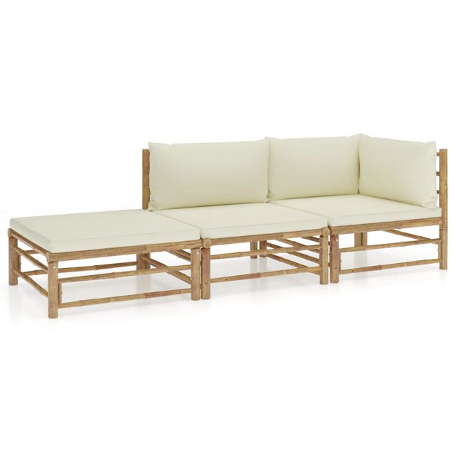 vidaXL 3 Piece Garden Lounge Set with Cream White Cushions Bamboo, ideal for outdoor patio seating. Includes a corner sofa, middle sofa, and footstool with removable and washable cream white polyester cushions. Made of durable bamboo, lightweight, and modular for flexible arrangements. Suitable for patios, gardens, or sunrooms.