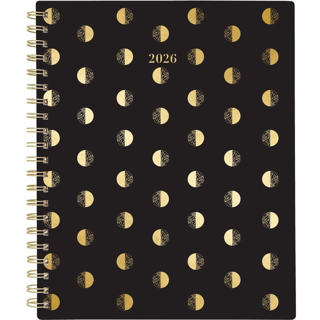 2026 Cambridge® Emerson Dot Large Weekly Planner with a black poly cover featuring gold foil half-dot patterns, twin coil binding that lays flat and resists snagging, and the year 2026 printed in gold foil at the center top.
