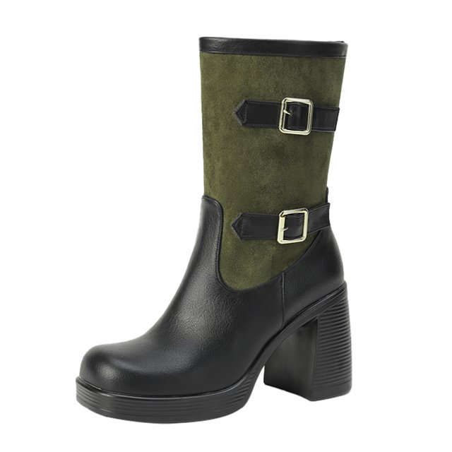 B91xZ Bottes Chelsea à Plateforme pour Femmes Mode Talon Bas Fermeture Éclair Mi-Mollet Chaussures, Vert 6.5
