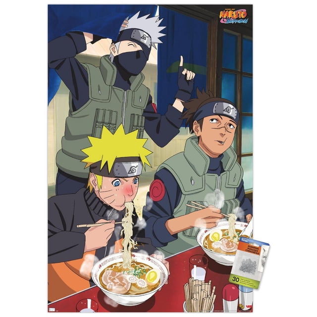 Naruto Shippuden - Affiche Murale de Nourriture, 22,375 Pouces x 34 Pouces Encadrée Mettant en Vedette Trois Personnages de Naruto Shippuden Mangeant des Bols de ramen à la Vapeur à une table Rouge. un Personnage aux Cheveux blond Poilus Retire des Nouilles avec des Baguettes, un Autre dans une Veste à Écailles Verte Mange à Côté de Lui, et un Troisième Se Tient derrière pour Faire un Geste Ludique. l'Affiche Comprend le logo Naruto Shippuden en Haut à Droite et