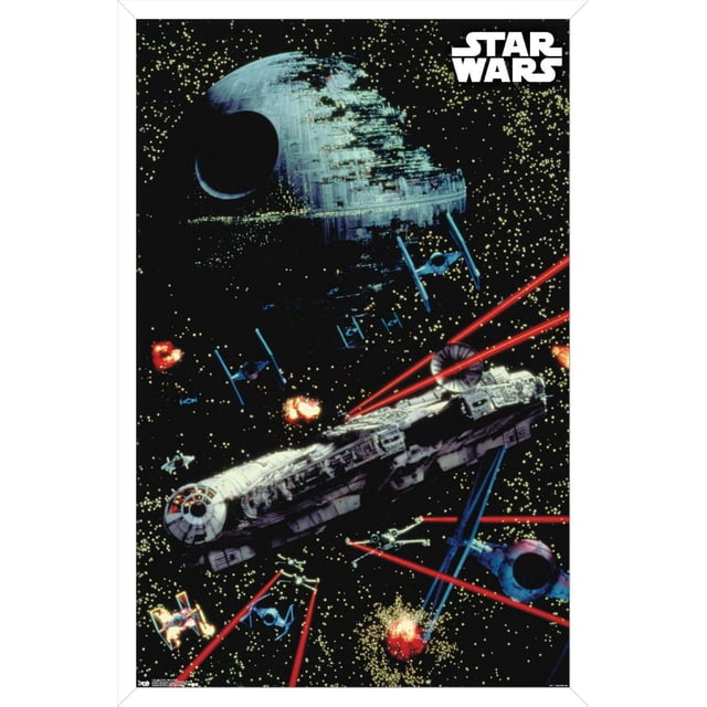 Star Wars : Saga - Affiche Murale de Bataille Spatiale, 22,375 Pouces x 34 Pouces Représentant l'Étoile de la Mort, des Tirs du Faucon Millenium au laser Rouge, et Plusieurs Combattants TIE et Chasseur Stellaires X-wing dans une Scène Spatiale Remplie d'Étoiles. Imprimée sur Papier d'Affiche Lustré, Convient à la Décoration Murale de Chambre Ou de Bureau et à la Décoration de Fête à Thème.