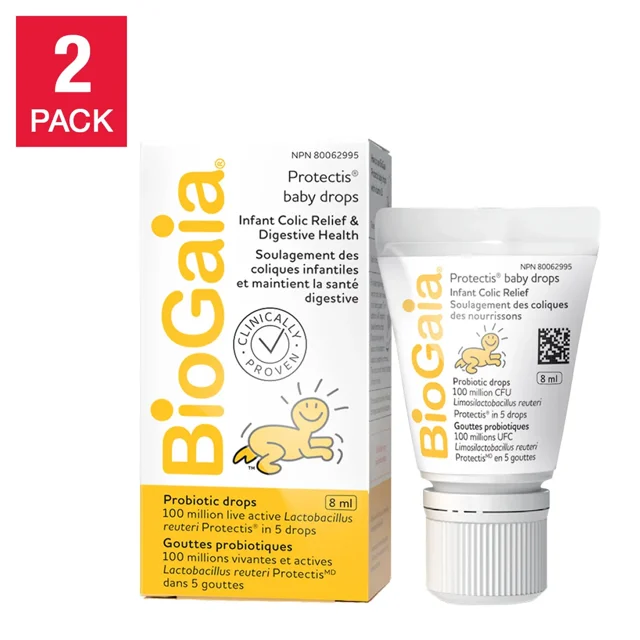 BioGaia ProTectis Baby Drops, 2 x 8 mL, featuring probiotic drops with 100 million live active Lactobacillus reuteri Protectis per dose. The product is clinically proven to relieve colic, reduce regurgitation, and support digestive health in newborns, infants, and babies. The packaging includes a white box with yellow branding and a tube of drops, both labeled with product details. Allergy-friendly, non-GMO, and free from artificial colours, flavours, and common allergens.