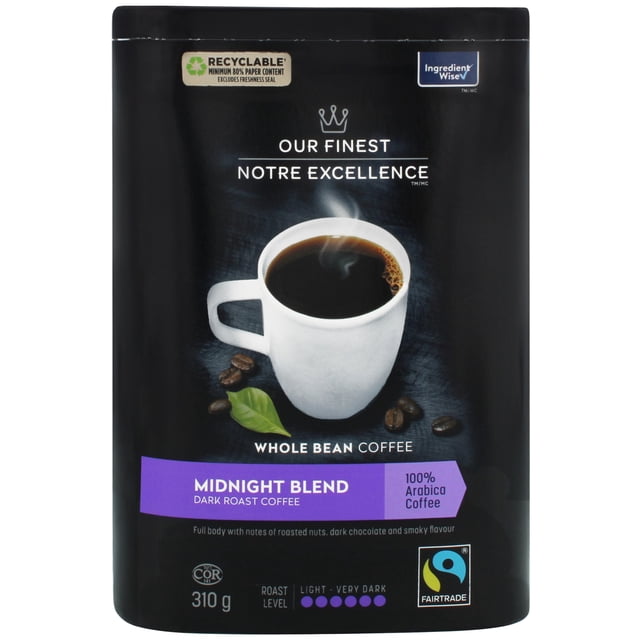 Our Finest Midnight Blend Whole Bean Coffee in a black resealable bag showing a white cup of steaming dark roast coffee with coffee beans and a green leaf, labelled 100% Arabica, Fairtrade certified, Ingredient Wise, and 310 g weight.