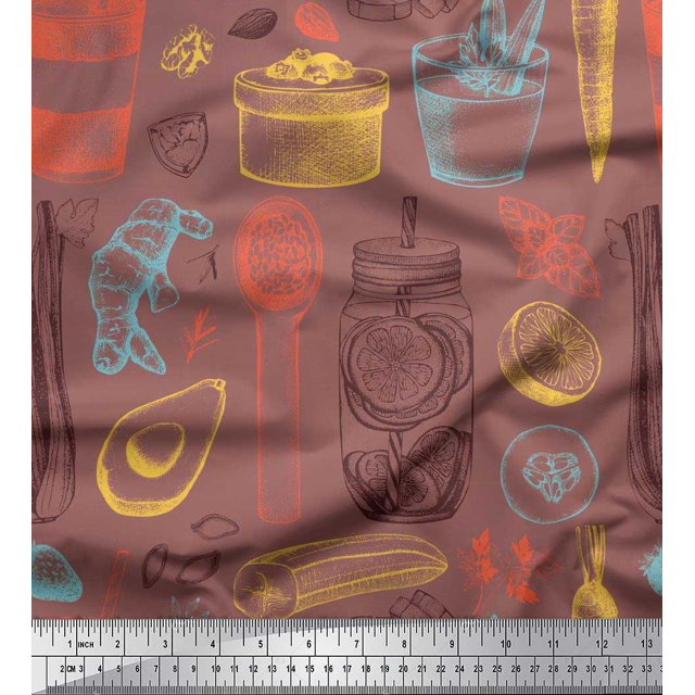 Soimoi polyester Crepe Fabric Vegetables,Jar & Cups Printed Fabric 1 Yard 42 Inch Wide