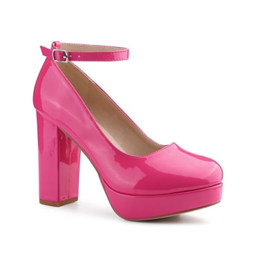 BLISSFUL STEP Women's Block Heel Pumps Platform Ankle Strap Round Toe Heel Hot Pink 8