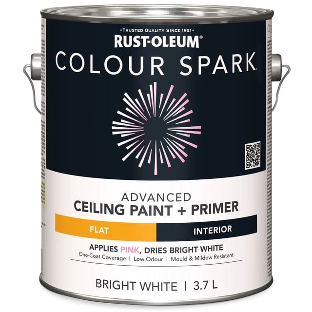 Rust-Oleum Colour Spark™ Paint + Primer, Ceiling Flat, White 3.78 L, metal paint can with black and white label featuring a pink burst graphic, designed for interior ceilings with flat finish, mould and mildew resistant, low odor, stain resistant, and durable, suitable for kitchens and bathrooms.