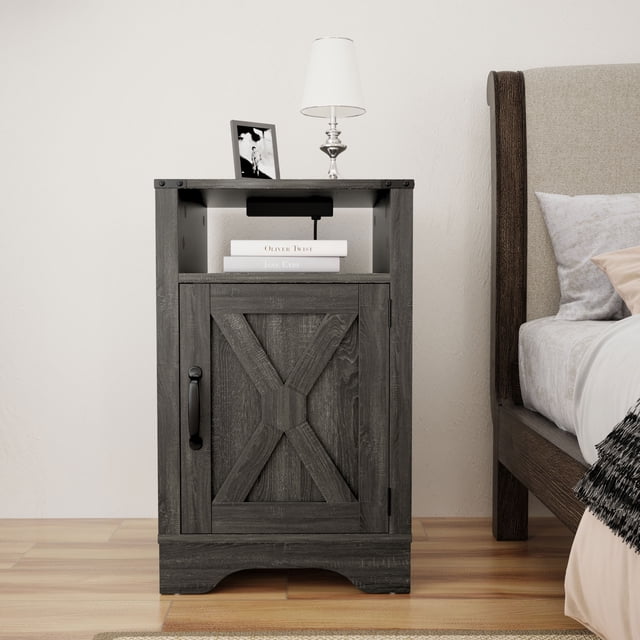 RoyalCraft Farmhouse Table de Nuit, Table de Chambre avec Station de Recharge, Gris Foncé