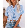 thumbnail image 1 of Womens Short Sleeve Cotton Linen Shirt with Pocket Blouse Side Split Casual Tops, 1 of 4