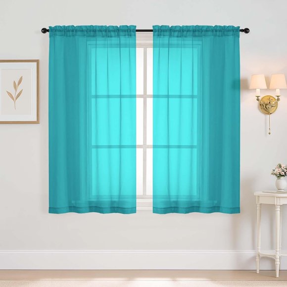 Ebesto Window Sheer Curtains 54 inch Length, Soft Airy Light Filtering Sheer Curtain 2 Panels Set, Dual Rod Pocket Gauze Drapes for Living Room Bedroom, Turquoise, 2x42Wx54L Inches