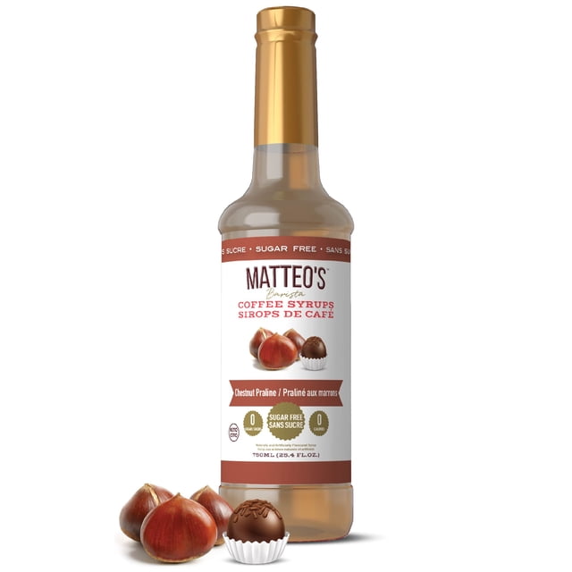 Matteo's Sugar Free Coffee Syrup in Chestnut Praline flavor, presented in a 750mL bottle with 0 calories and 0 sugar. The bottle features a gold cap and a label showcasing chestnuts and a praline chocolate, emphasizing its keto-friendly and sugar-free attributes.