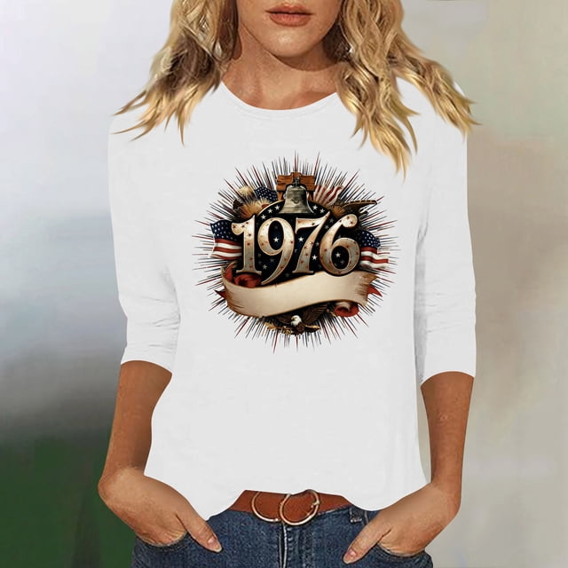 Uootdi Hauts pour Femmes Manches 3/4 Col Ras du Cou Imprimé Palmier Coucher de Soleil 1976 Coupe Décontractée T-Shirts Rétro Plage Vacances Cadeau