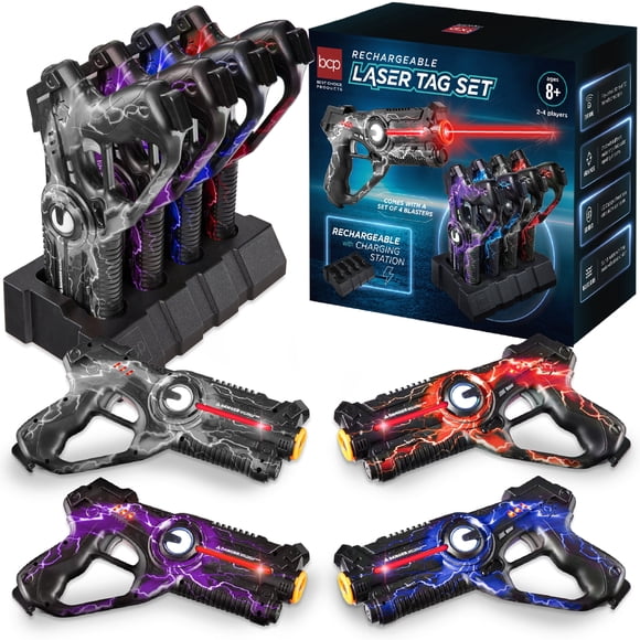 Best Choice Products Ensemble de 4 Blasters Laser Tag Rechargeables Sans Gilets Nécessaires avec Station d'Accueil - Gris/violet/rouge/bleu