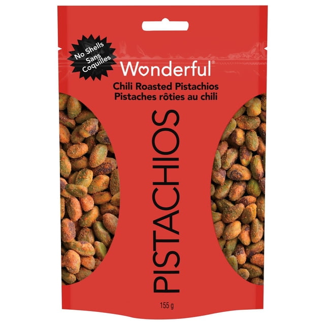 Wonderful Pistachios No Shells Chili Roasted Nuts in a 155g resealable red bag with two transparent side windows showing chili-coated pistachio nuts, gluten free, non-GMO, kosher, and halal certified, suitable for snacking and adding to recipes.