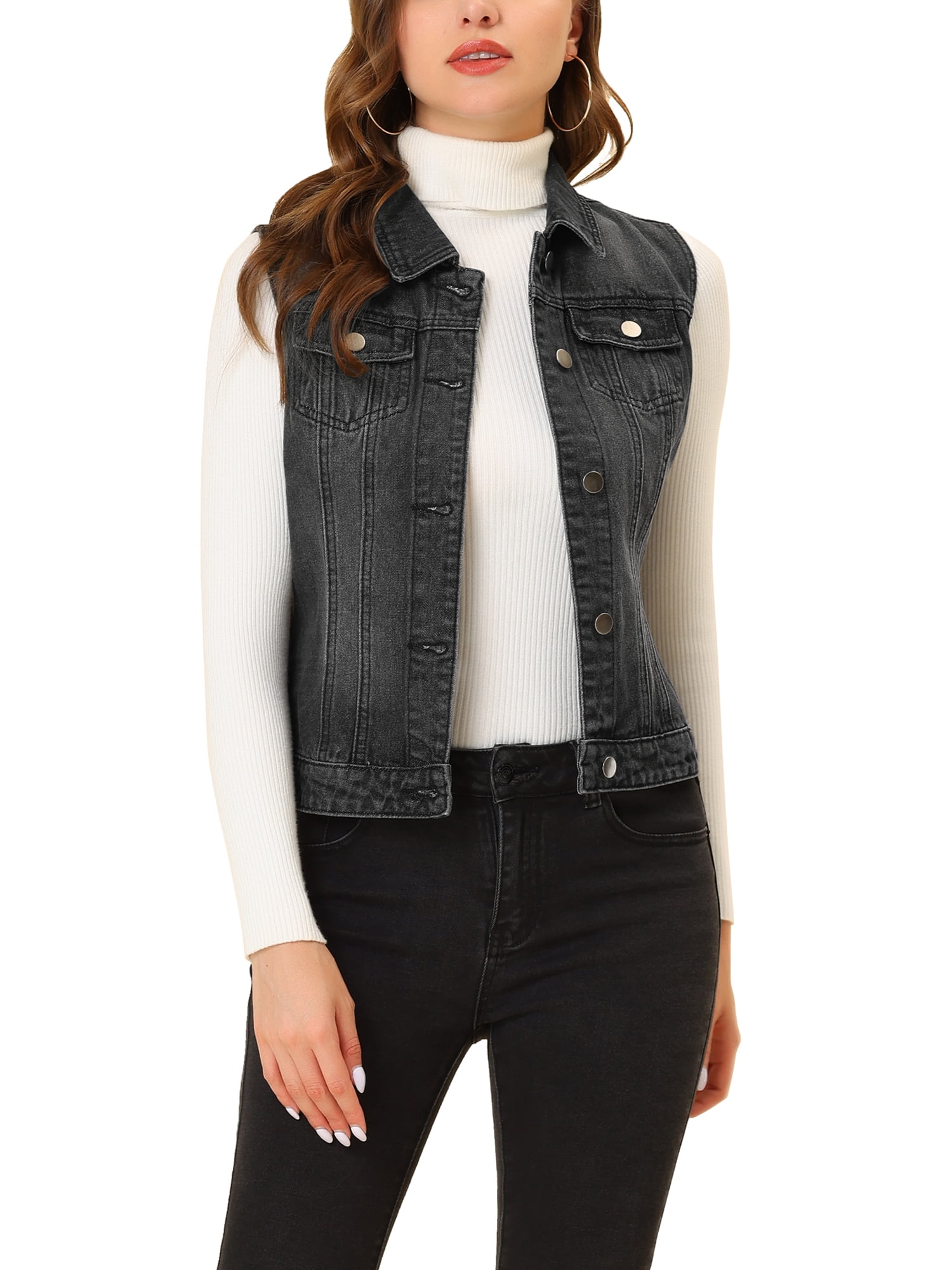 INSPIRE CHIC Women's Denim Vest Sleeveless Button Washed Jacket Black XS
