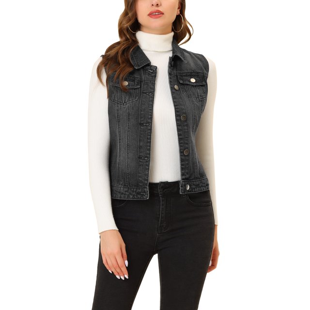 INSPIRE CHIC Women's Washed Denim Button Sleeveless Vest Jacket with Pockets Black XS