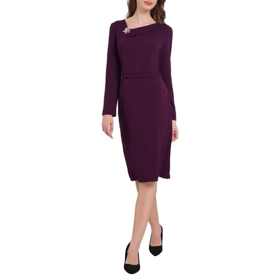 INSPIRE CHIC Women's Halloween Dress Formal Asymmetrical Neck Long Sleeve Midi Stretch Dresses Dark Purple S