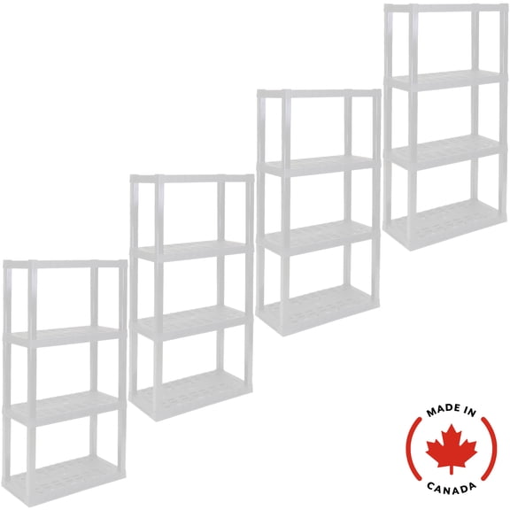Étagères de rangement en plastique ultra-résistant à 4 niveaux (H 142 cm x P 3,5 m x L 76 cm), lot de 4, blanc, capacité de 181 kg.