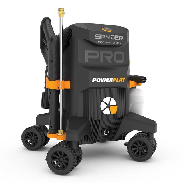 SPYDER PRO 2300 PSI Electric Pressure Washer with a compact black frame, four off-road treaded wheels for 360-degree steering, Powerplay branding in orange, a steel lance with multiple nozzles, and a 1000ml high-pressure foam cannon mounted on the back, ideal for heavy-duty outdoor cleaning.