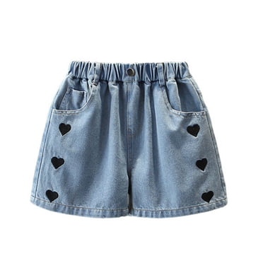 Ashirexll Shorts en Jean pour Filles Décontractés Mignons à Cœur en Dentelle Shorts en Jean avec Poches pour Enfants