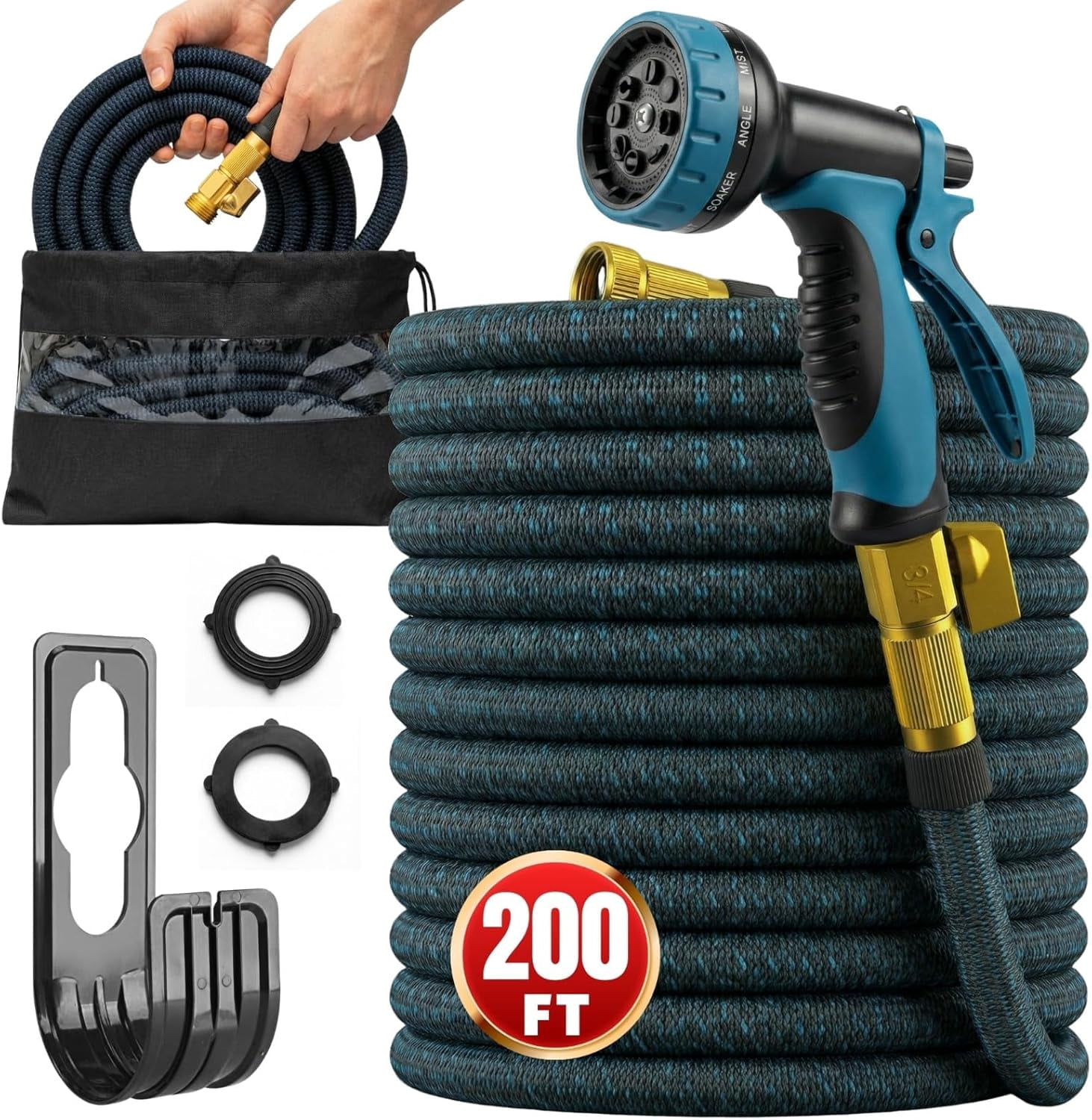 200ft Garden Hose with 10 Function Spray Nozzle, Expandable Garden Hose, 3/4" Easy Removal Solid Brass Connector, Flexible Water Hose, Extra Durable Material