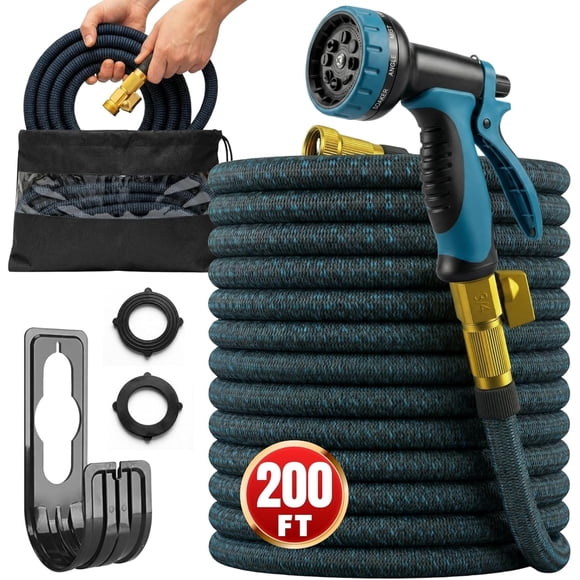 200ft Garden Hose with 10 Function Spray Nozzle, Expandable Garden Hose, 3/4" Easy Removal Solid Brass Connector, Flexible Water Hose, Extra Durable Material