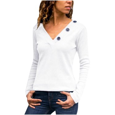 Pompotops Fashion Ladies V-Neck Button Solid Casual Loose Long Sleeve Ladies T-shirt