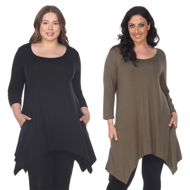 White Mark Haut Tunique Makayla pour Femmes, Lot de 2, Noir, Encolure Dégagée, Manches 3/4