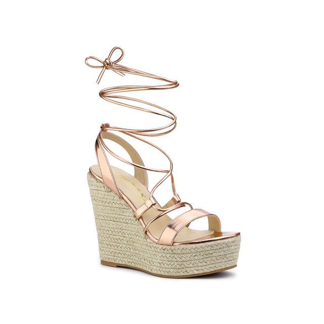 BLISSFUL STEP Sandales Espadrilles à Plateforme à Talon Compensé à Lacets pour Femmes Or Rose 6