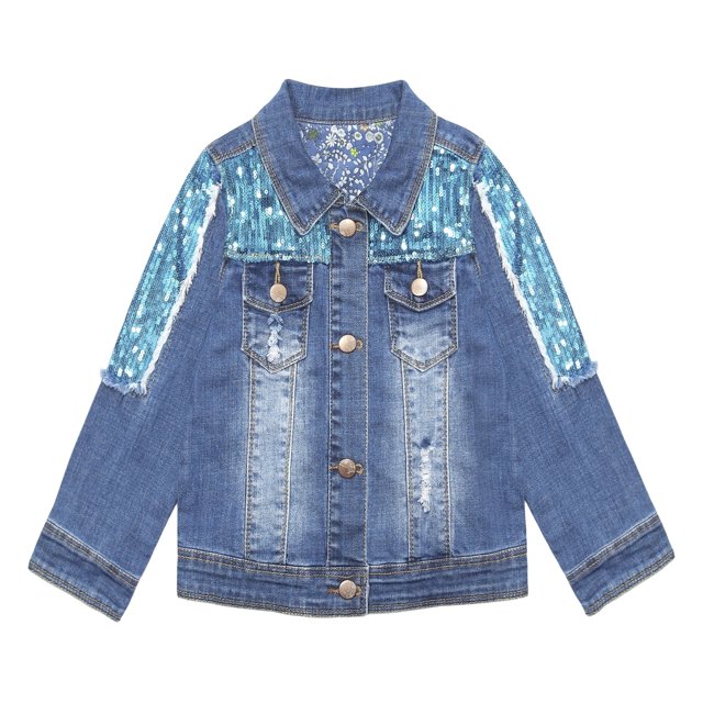 KIDSCOOL SPACE Veste en Jean Déchirée à Paillettes Bleues pour Petite Fille, 3-4 Ans