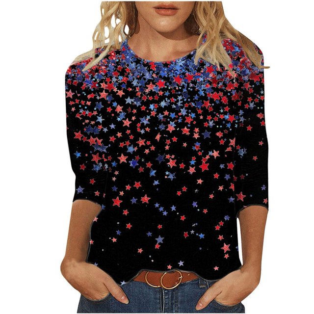 LMKIHUSA T-Shirt Patriotique pour Femmes Rouge Bleu et Blanc Imprimé Blouses Manches 3/4 Col Rond Hauts Décontractés Mode Été Doux 2025 T-Shirts Multicolore,TTTTG